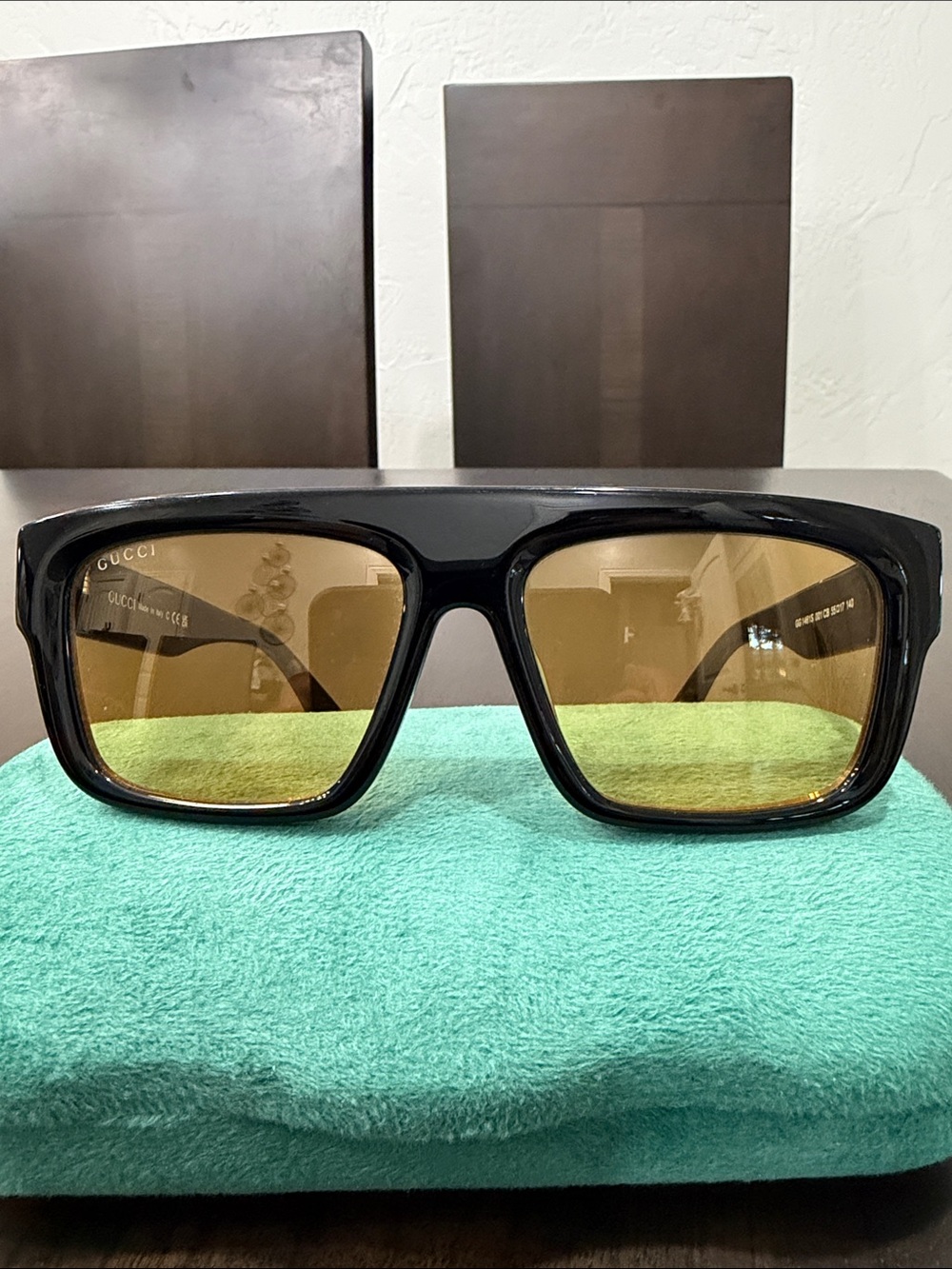 Unisex Gucci GG1461S Black/Yellow Rectangle Sunglasses Chunky Acetate Frame
